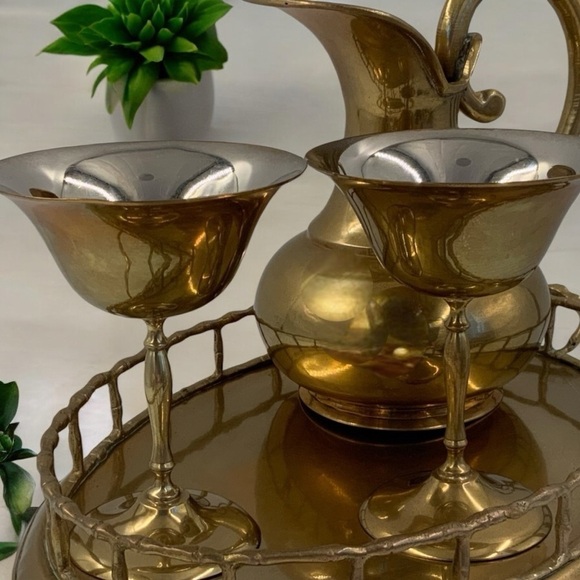 Mid Century Brass Wine Serving Set, Tray, Pitcher And Goblets, Functional Decor - Picture 8 of 10